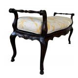 Vintage Dark Wooden Bench with Rattan Seat Including Removable Yellow and White Cushion