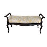 Vintage Dark Wooden Bench with Rattan Seat Including Removable Yellow and White Cushion