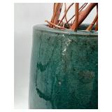 Green Glazed Ceramic Vase with Twisted Willow Branches