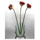 Artisan Handcrafted Glass Vase with Metal Stand and Faux Flowers