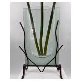 Artisan Handcrafted Glass Vase with Metal Stand and Faux Flowers