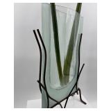Artisan Handcrafted Glass Vase with Metal Stand and Faux Flowers