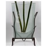 Artisan Handcrafted Glass Vase with Metal Stand and Faux Flowers