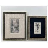 Pair of Framed Vintage Prints - Romantic Scene & Street Figure
