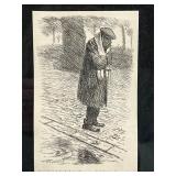 Pair of Framed Vintage Prints - Romantic Scene & Street Figure