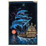 Vintage Black Light Tapestry with Pirate Ship Design