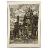 Signed Hand-Coloured Original Etching of Architectural Landmark