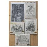 Collection of 5 Vintage Illustrated Prints