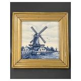 Vintage Delft-Style Windmill Tile Art in Wood Frame