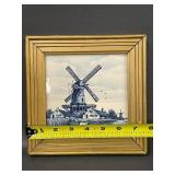 Vintage Delft-Style Windmill Tile Art in Wood Frame