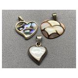 Mexican Heart-Shaped Abalone Shell Pendants Trio Sterling Silver 925