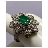 Vintage Floral Ring with Green Gemstone Size 6