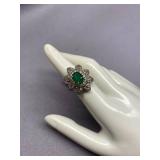 Vintage Floral Ring with Green Gemstone Size 6