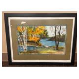 F. Vincent Framed Landscape Watercolor Painting - Autumn River Scene