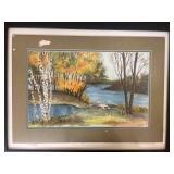 F. Vincent Framed Landscape Watercolor Painting - Autumn River Scene