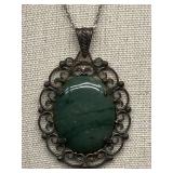 Vintage Green Stone Filigree Sterling Silver 925 Pendant Necklace