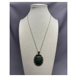 Vintage Green Stone Filigree Sterling Silver 925 Pendant Necklace