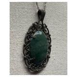 Vintage Green Stone Filigree Sterling Silver 925 Pendant Necklace