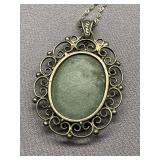 Vintage Green Stone Filigree Sterling Silver 925 Pendant Necklace