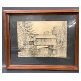 Framed Sketch of Covered Bridge, Rustic Art Piece