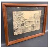 Framed Sketch of Covered Bridge, Rustic Art Piece