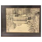 Framed Sketch of Covered Bridge, Rustic Art Piece