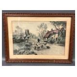 Vintage Pastoral Scene in Carved Wooden Frame - 12x16 Inches