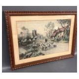 Vintage Pastoral Scene in Carved Wooden Frame - 12x16 Inches