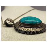 Sterling Silver 925 Oval Turquoise Pendant Necklace