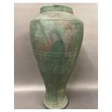 Raku Pottery J. Mehn Rustic Green Ceramic Vase ~12"