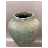 Raku Pottery J. Mehn Rustic Green Ceramic Vase ~12"