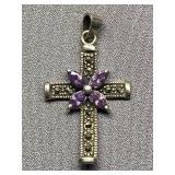 Sterling Silver 925 Cross Pendant with Amethyst Stones