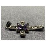 Sterling Silver 925 Cross Pendant with Amethyst Stones
