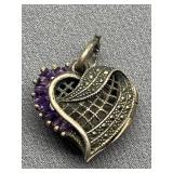 Vintage Sterling Silver 925 Heart-Shaped Pendant Locket with Amethyst