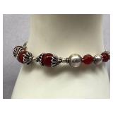 Elegant Sterling 925 Silver & Red Bead Toggle Clasp Bracelet