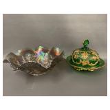 Vintage Carnival Glass Bowl and EAPG Green Butter Dish Set