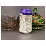 Vintage Carnival Glass Bowl and EAPG Green Butter Dish Set