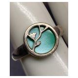 Sterling Silver 925 Enamel Ring with Floral Design Size 8