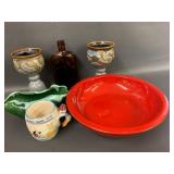 Vintage Ceramic Collection with Red Bowl & Goblets