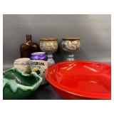 Vintage Ceramic Collection with Red Bowl & Goblets