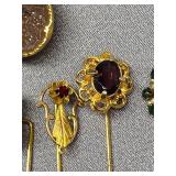 Vintage Gold-Tone Gemstone Stick Pin Collection 7pc