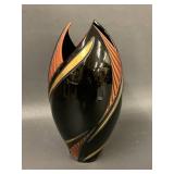 Elegant Geometric Black Ceramic Vase with Orange and Gold Accents, Twisted Design
