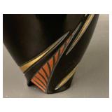 Elegant Geometric Black Ceramic Vase with Orange and Gold Accents, Twisted Design