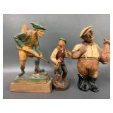 Vintage Carved Wood Figures Set: Hunter, Fisherman, Villager Decor