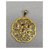 925 Sterling Silver Gold Tone Gemstone Floral Pendant Vintage Style