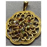 925 Sterling Silver Gold Tone Gemstone Floral Pendant Vintage Style