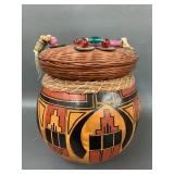 Chinese Sewing Basket and Handcrafted Decorative Gourd With Beaded Woven Lid