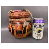 Chinese Sewing Basket and Handcrafted Decorative Gourd With Beaded Woven Lid