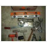 Assorted Tools- Levels, Cable Winch, Hammers, Tin Snips