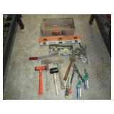 Assorted Tools- Levels, Cable Winch, Hammers, Tin Snips